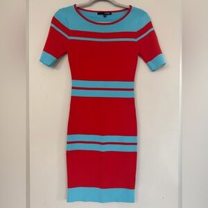Codigo women’s medium stretch bodycon mini dress aqua and red stripes